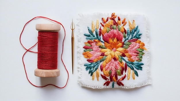 Zbliżenie na ręczny haft kolorowymi nićmi